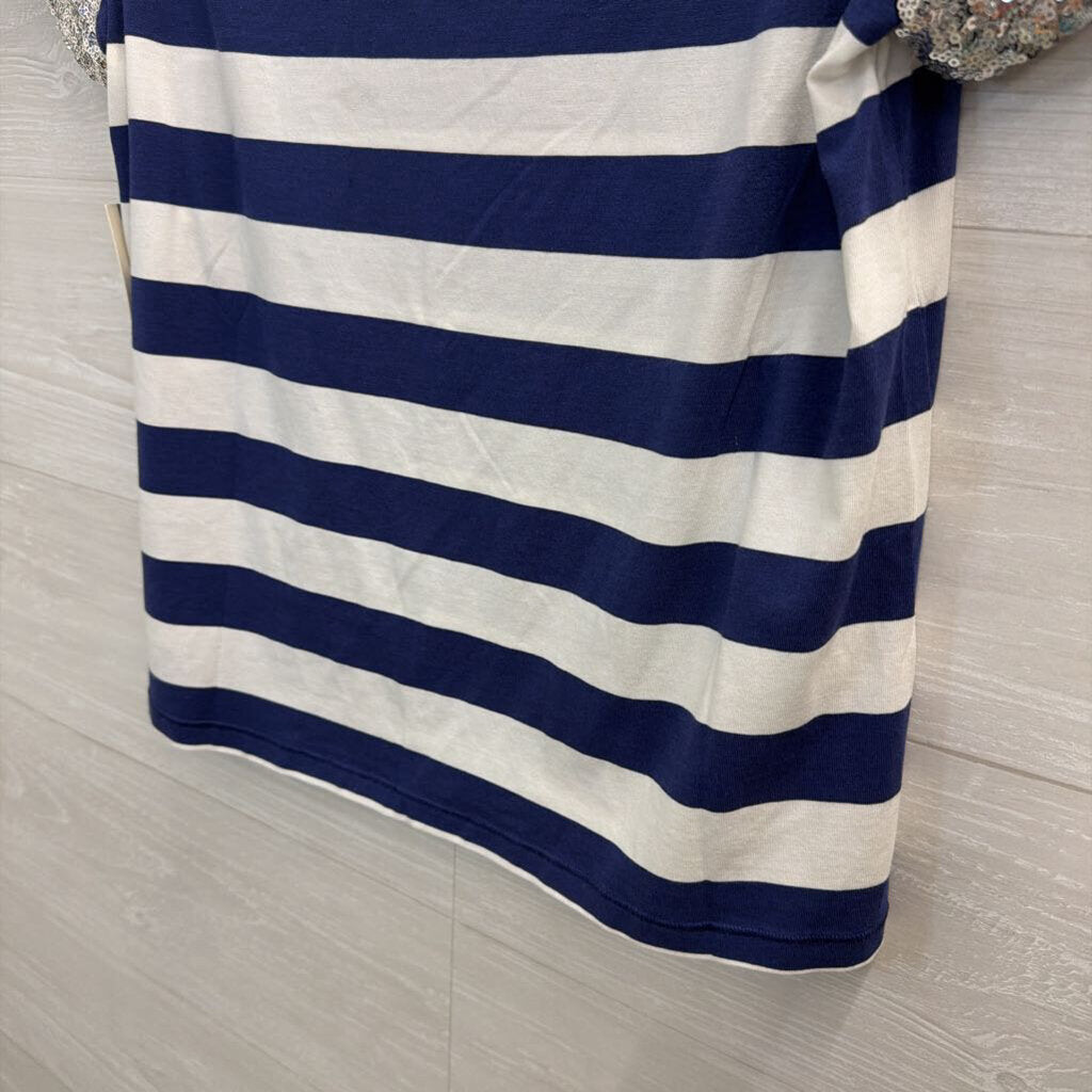 Maeve Navy/ White Striped Sequin Short Sleeve Top Small