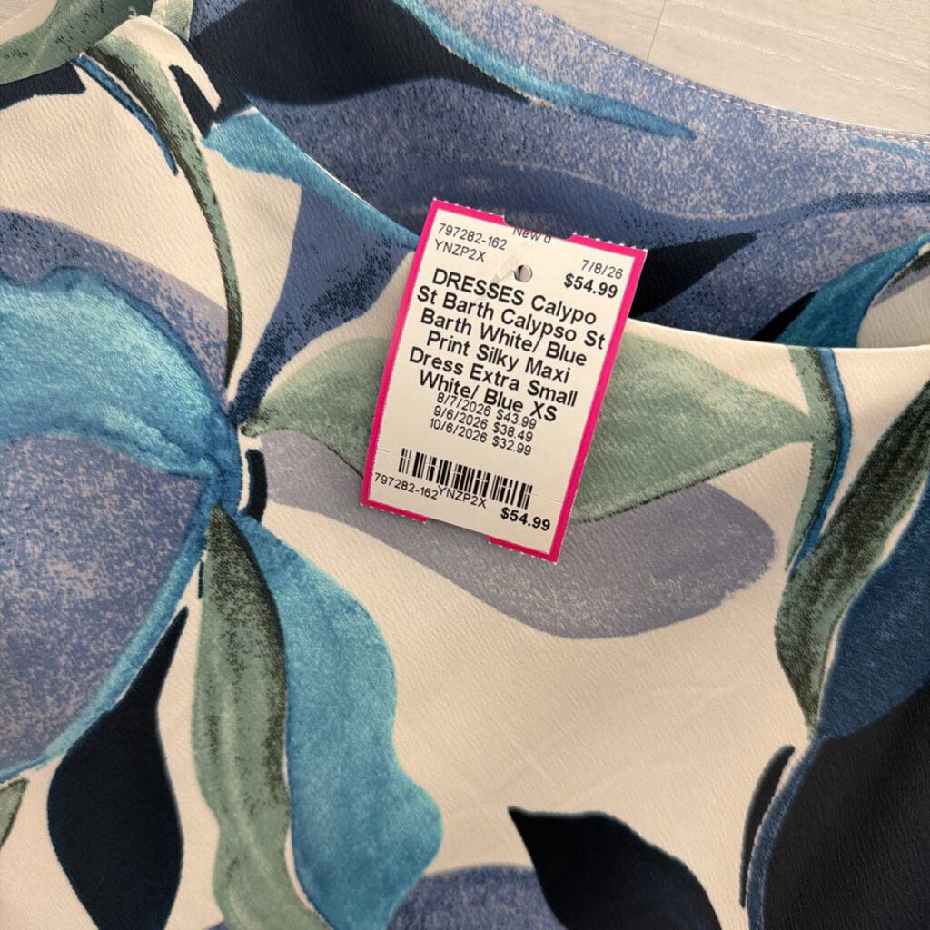 Calypso St Barth White/ Blue Print Silky Maxi Dress Extra Small