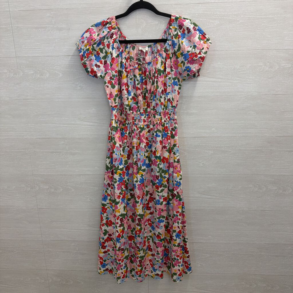 J Crew White/ Multi Print Short Puff Sleeve Midi Dress Extra Small