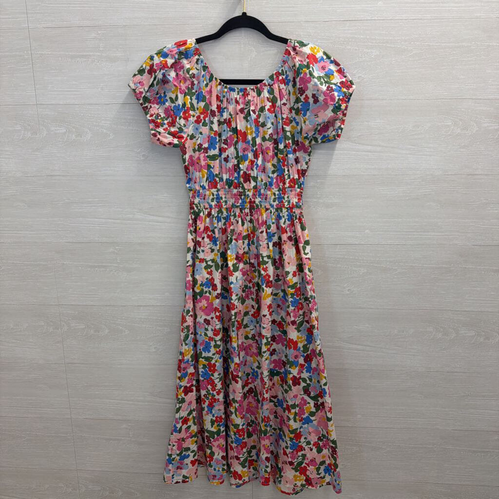 J Crew White/ Multi Print Short Puff Sleeve Midi Dress Extra Small