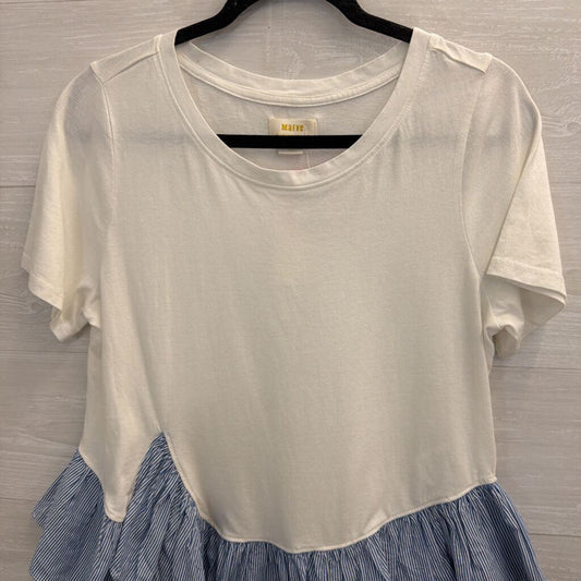 Maeve White/ Blue White Striped Hem Short Sleeve Top Medium