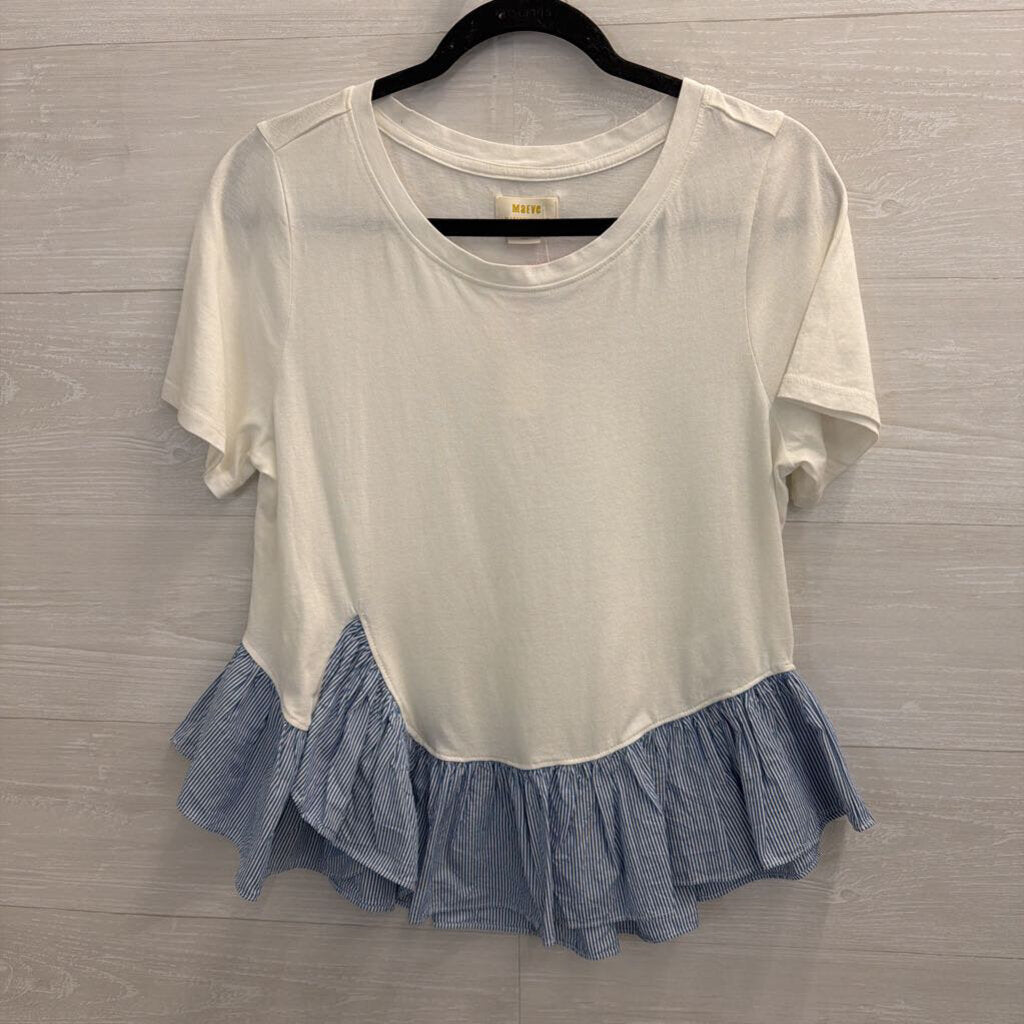 Maeve White/ Blue White Striped Hem Short Sleeve Top Medium