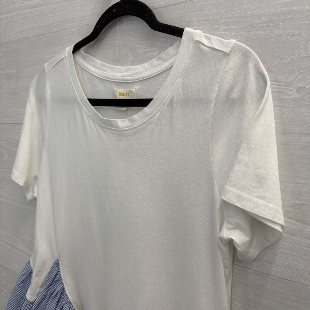 Maeve White/ Blue White Striped Hem Short Sleeve Top Medium