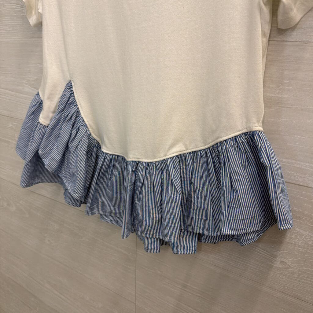 Maeve White/ Blue White Striped Hem Short Sleeve Top Medium