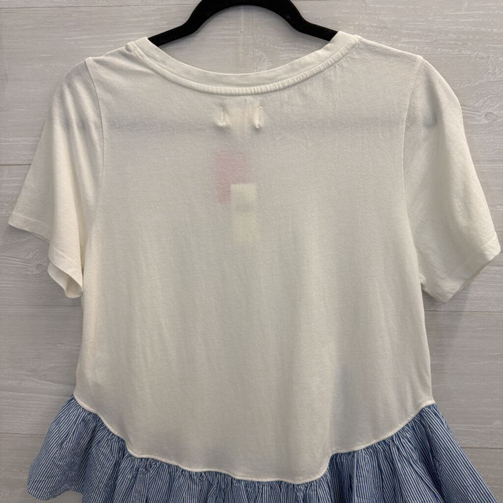 Maeve White/ Blue White Striped Hem Short Sleeve Top Medium