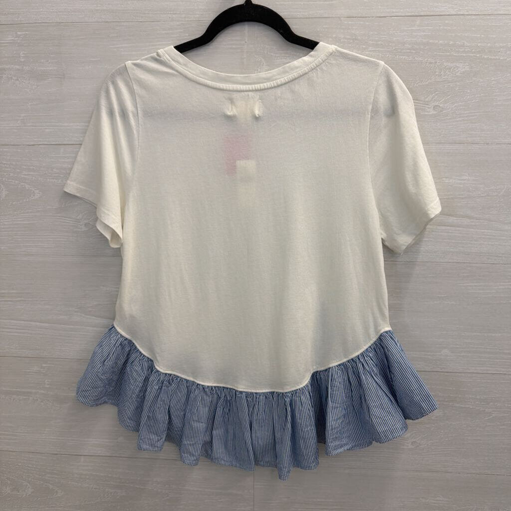 Maeve White/ Blue White Striped Hem Short Sleeve Top Medium