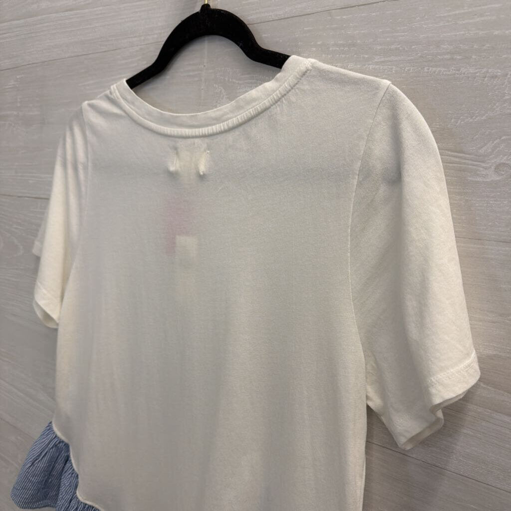 Maeve White/ Blue White Striped Hem Short Sleeve Top Medium