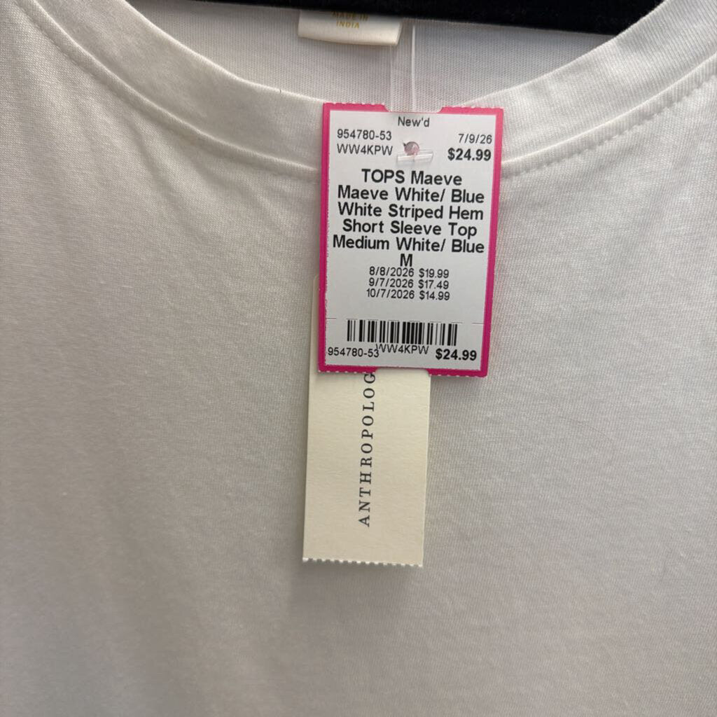 Maeve White/ Blue White Striped Hem Short Sleeve Top Medium