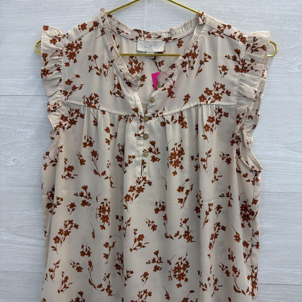 Loft White/ Brown Print Flutter Sleeve Top Medium