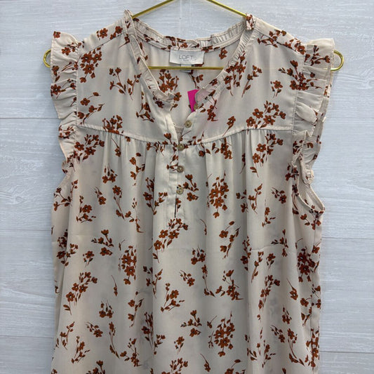 Loft White/ Brown Print Flutter Sleeve Top Medium