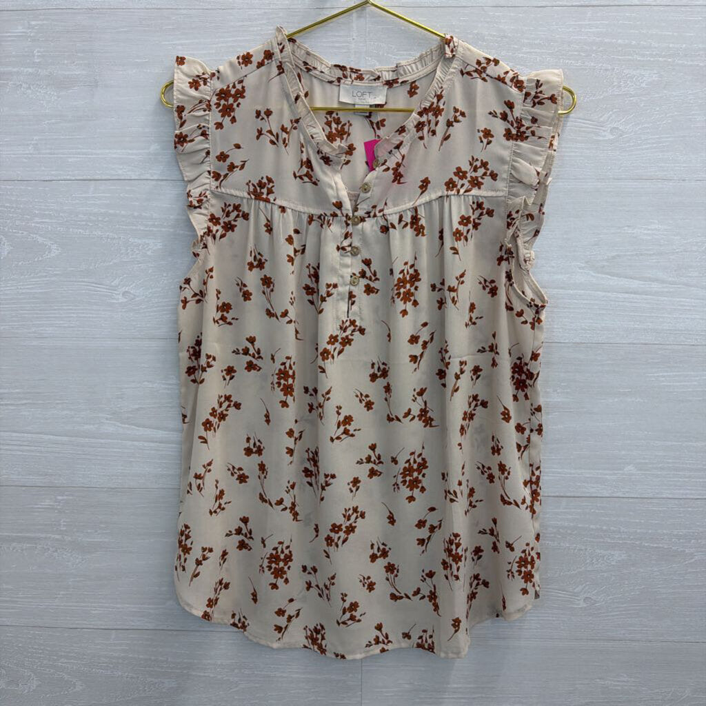 Loft White/ Brown Print Flutter Sleeve Top Medium