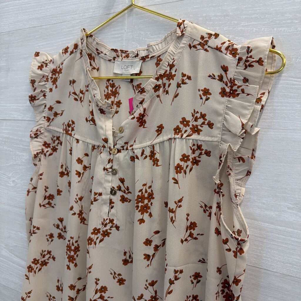 Loft White/ Brown Print Flutter Sleeve Top Medium
