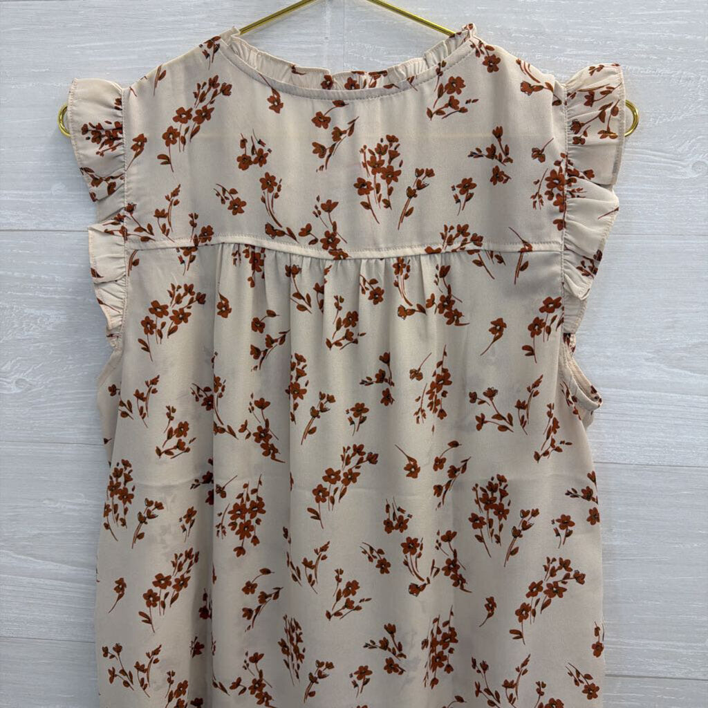 Loft White/ Brown Print Flutter Sleeve Top Medium