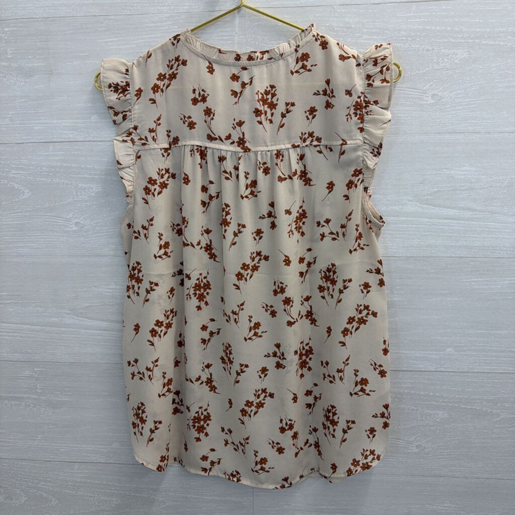 Loft White/ Brown Print Flutter Sleeve Top Medium