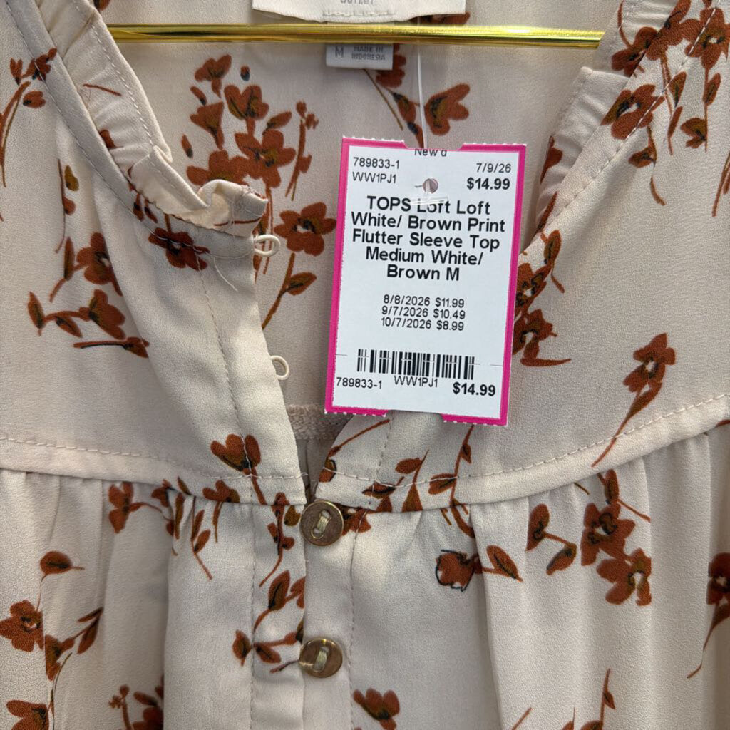 Loft White/ Brown Print Flutter Sleeve Top Medium