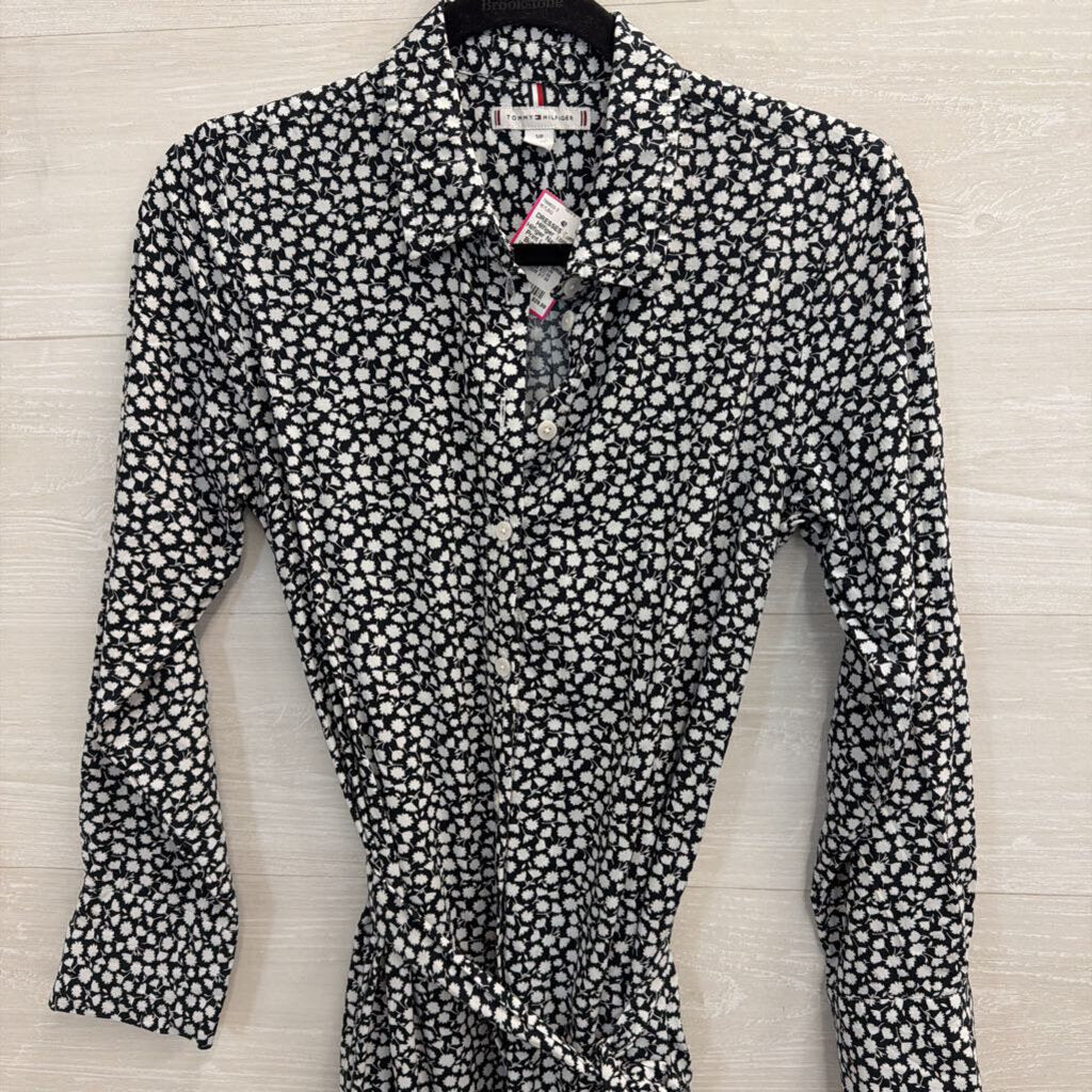Tommy Hilfiger Navy/ White Print Long Sleeve Button Front Tie Waist Dress Small