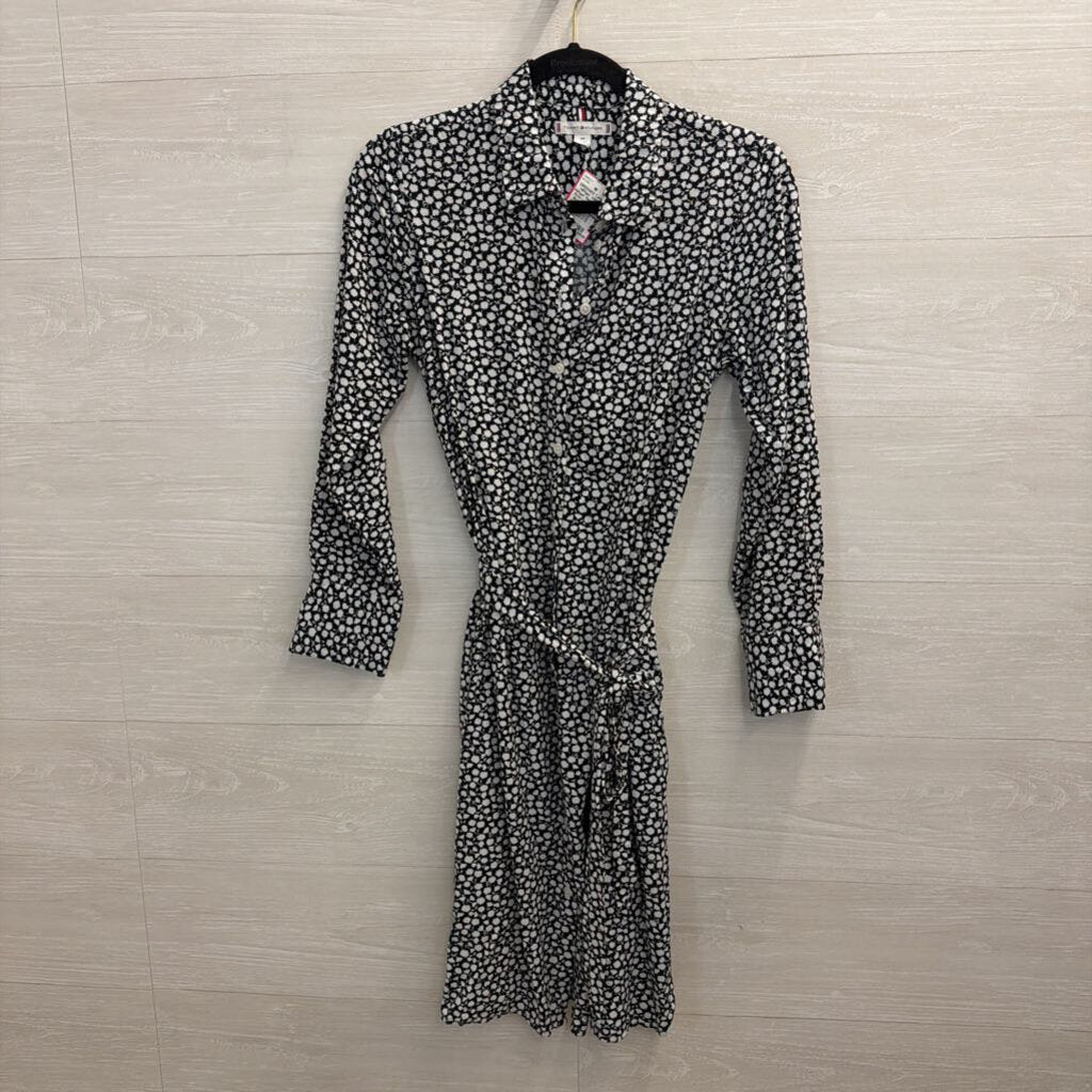 Tommy Hilfiger Navy/ White Print Long Sleeve Button Front Tie Waist Dress Small