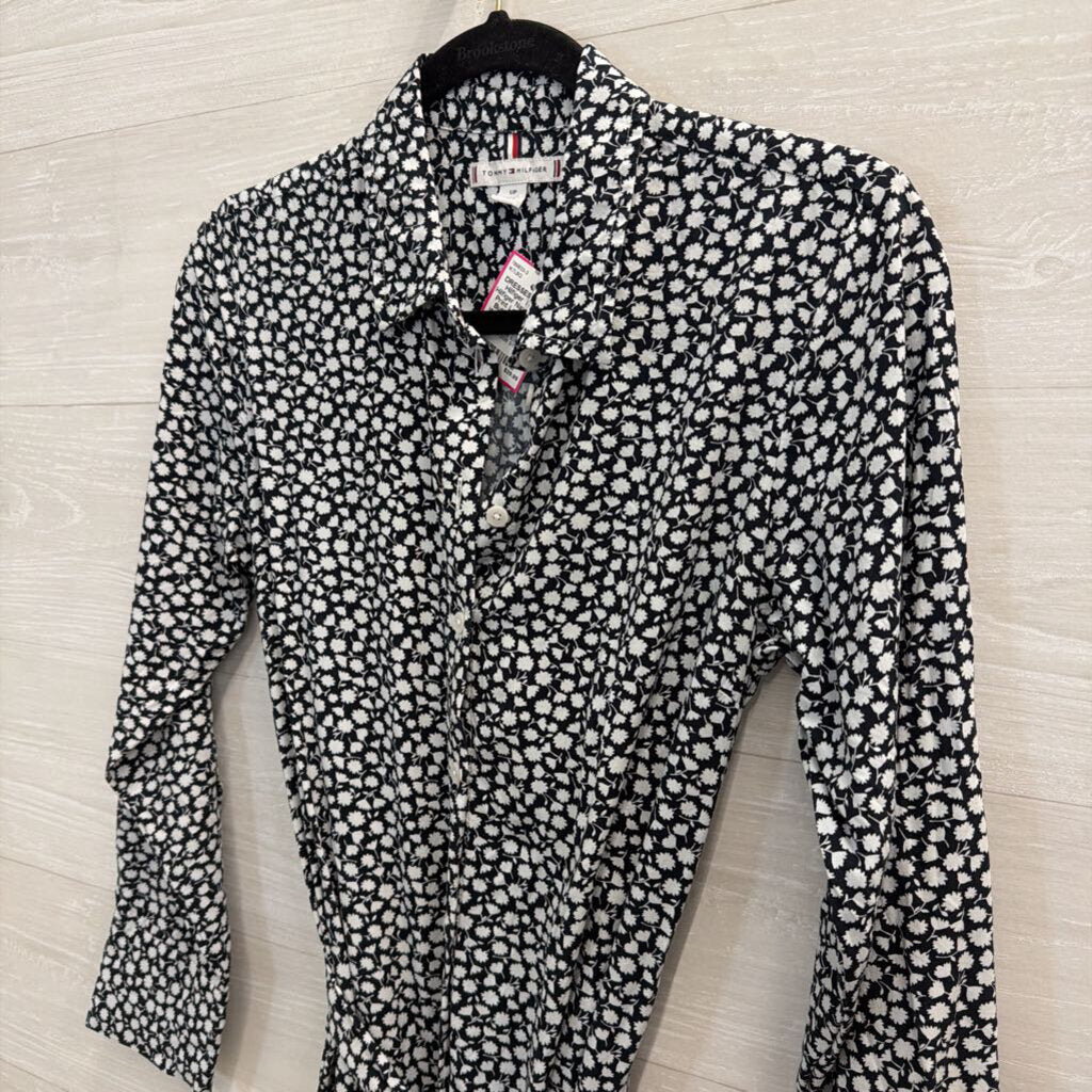 Tommy Hilfiger Navy/ White Print Long Sleeve Button Front Tie Waist Dress Small