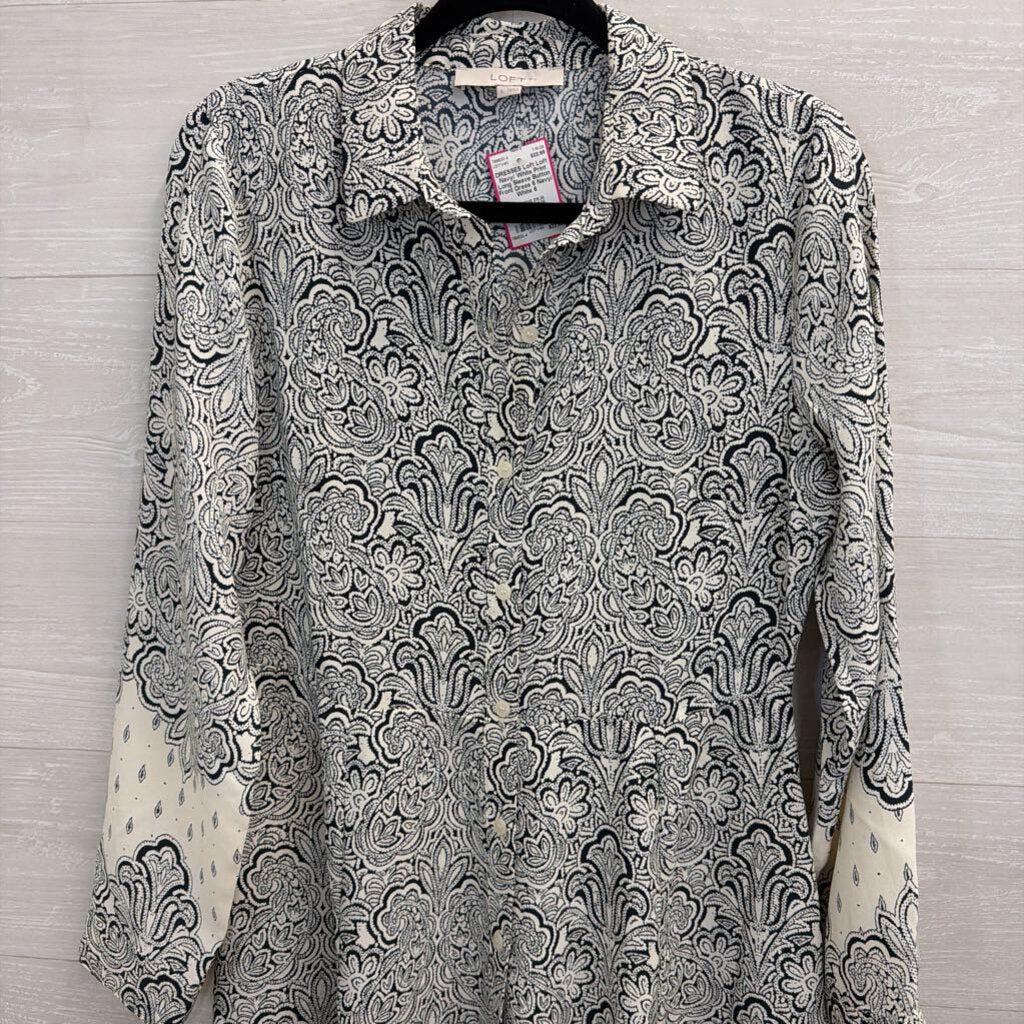 Loft Navy/ White Print Long Sleeve Button Front Dress 6