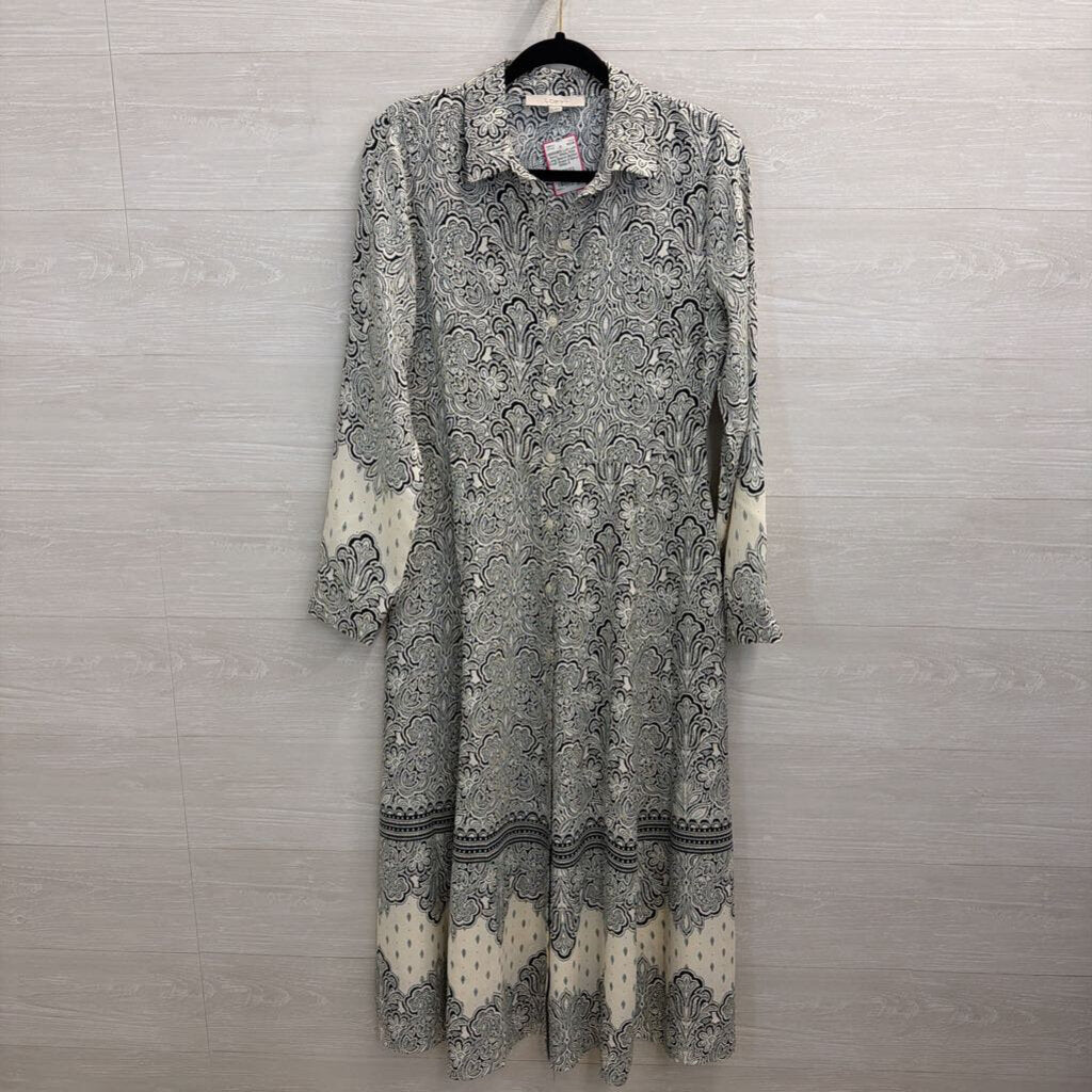 Loft Navy/ White Print Long Sleeve Button Front Dress 6