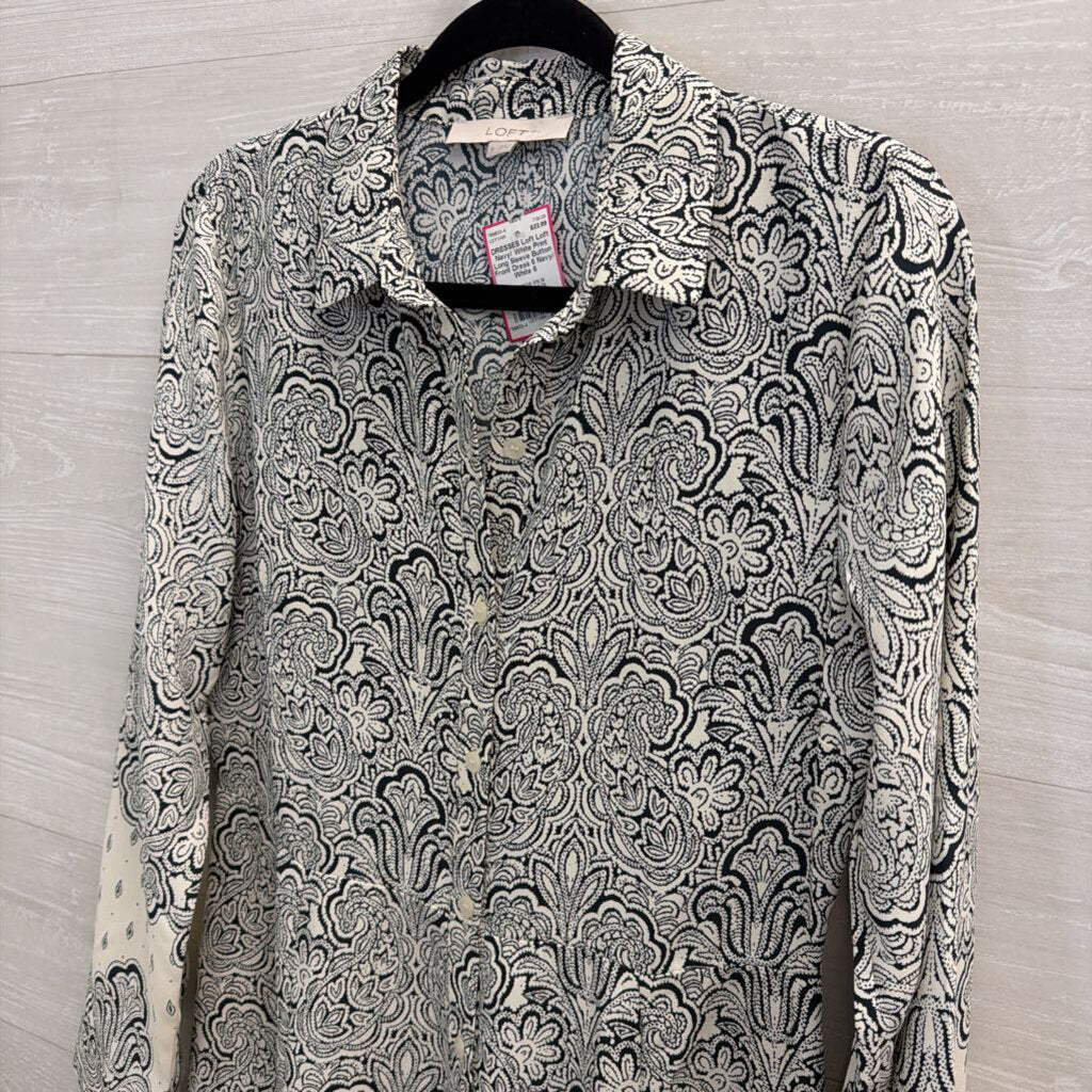 Loft Navy/ White Print Long Sleeve Button Front Dress 6