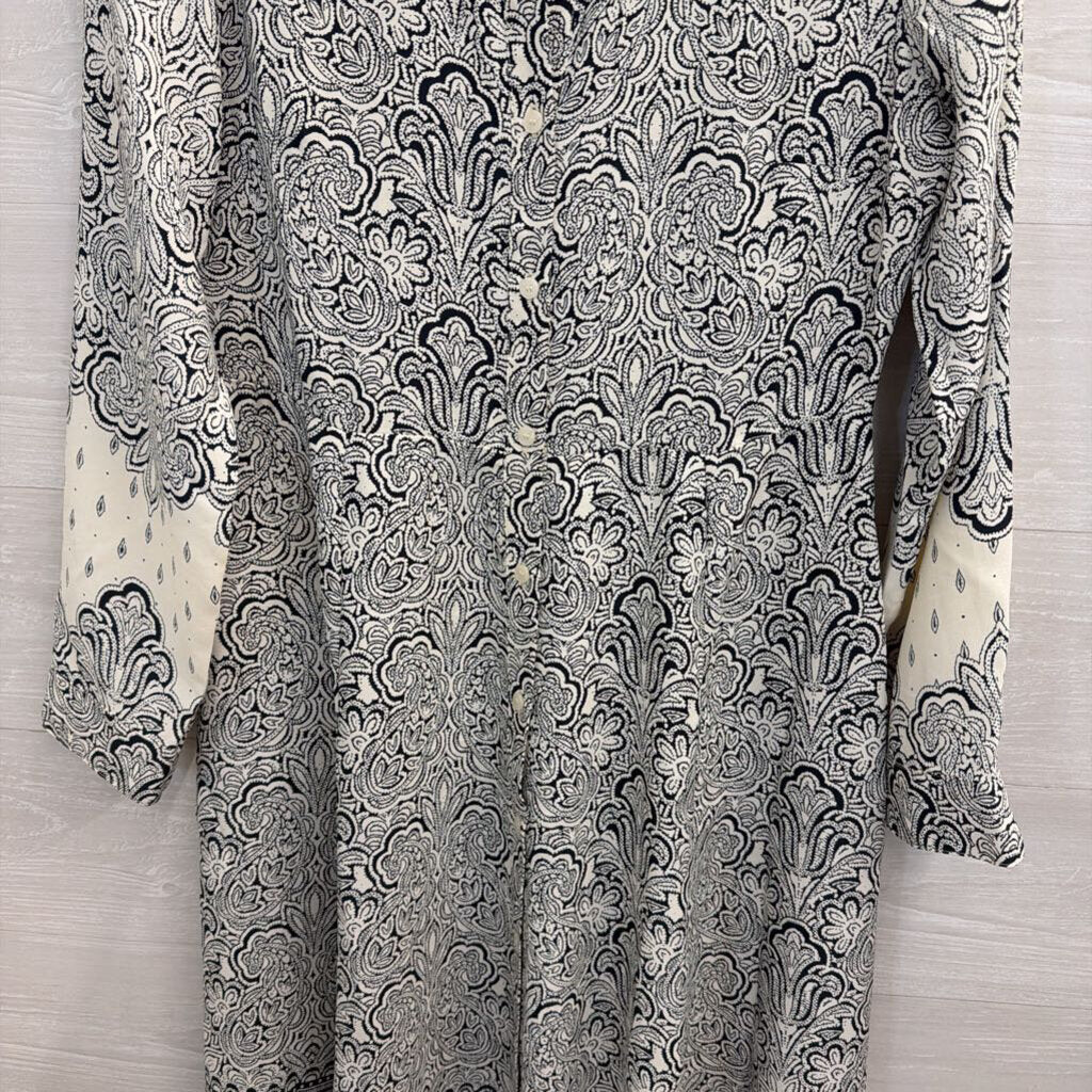 Loft Navy/ White Print Long Sleeve Button Front Dress 6