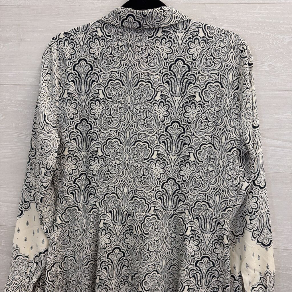 Loft Navy/ White Print Long Sleeve Button Front Dress 6