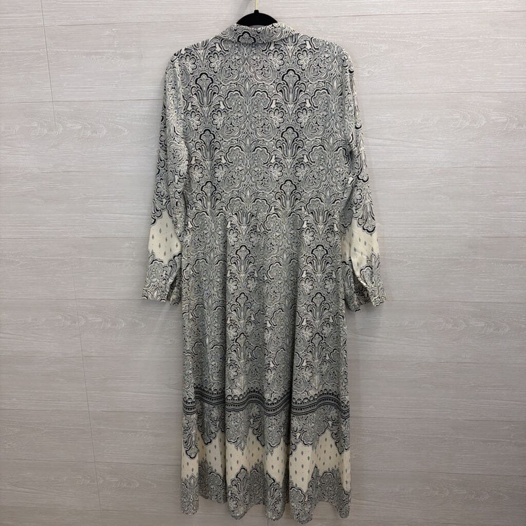 Loft Navy/ White Print Long Sleeve Button Front Dress 6
