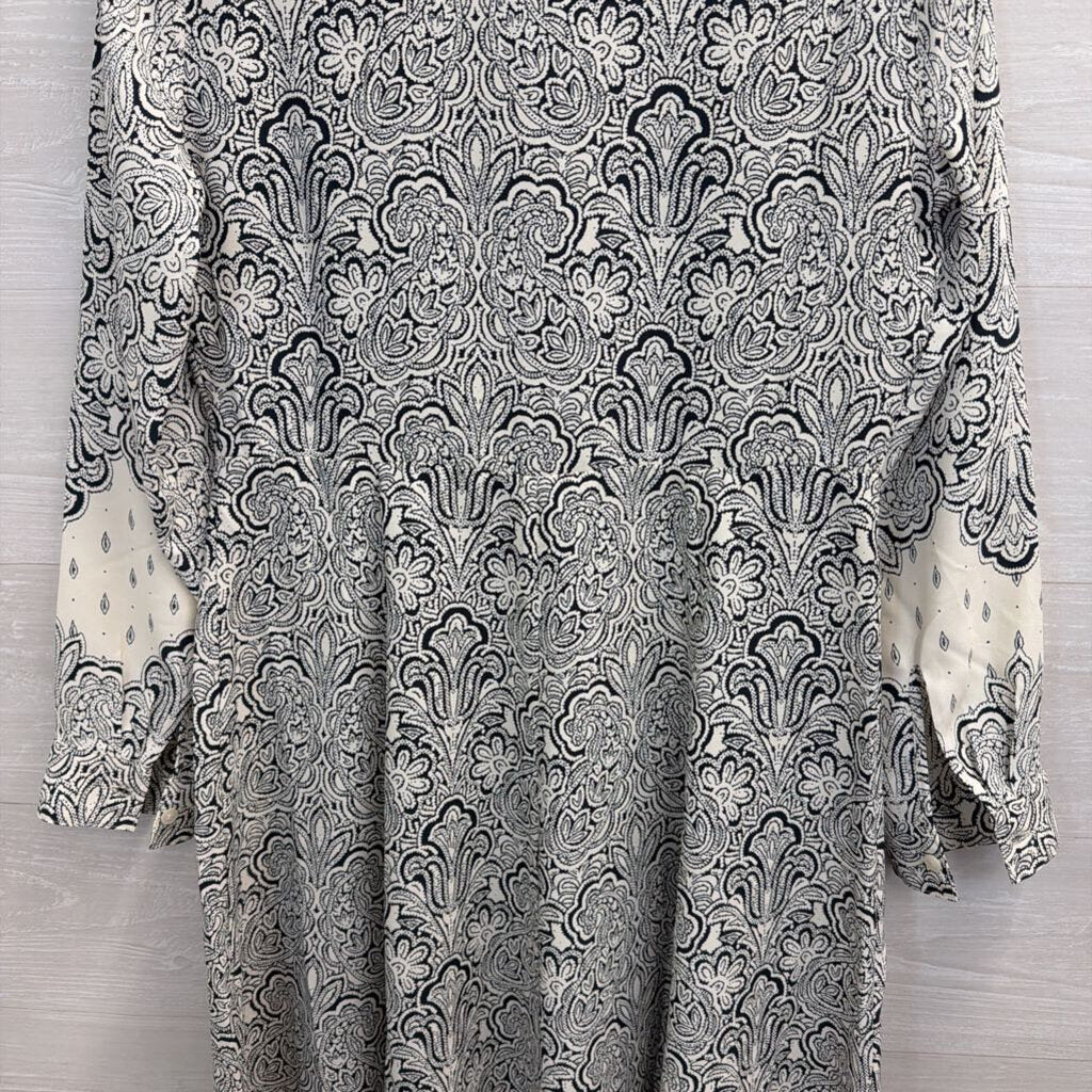 Loft Navy/ White Print Long Sleeve Button Front Dress 6
