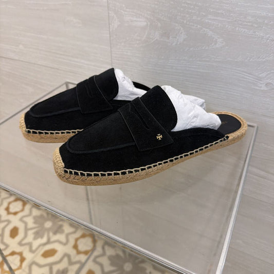 Tory Burch Black/ Natural Slip On Espadrille Loafer Mules 7.5