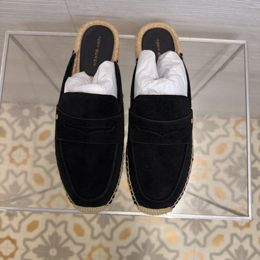 Tory Burch Black/ Natural Slip On Espadrille Loafer Mules 7.5