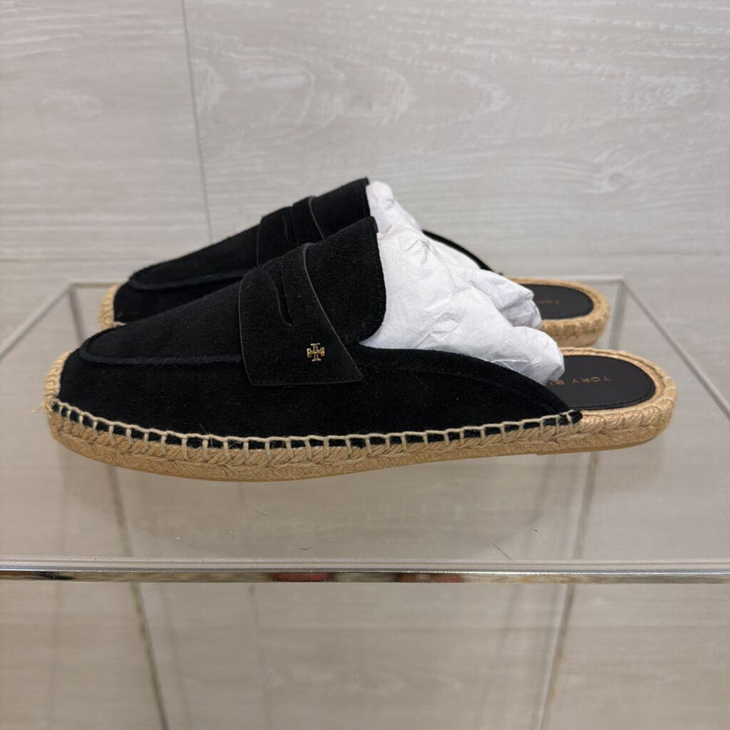 Tory Burch Black/ Natural Slip On Espadrille Loafer Mules 7.5