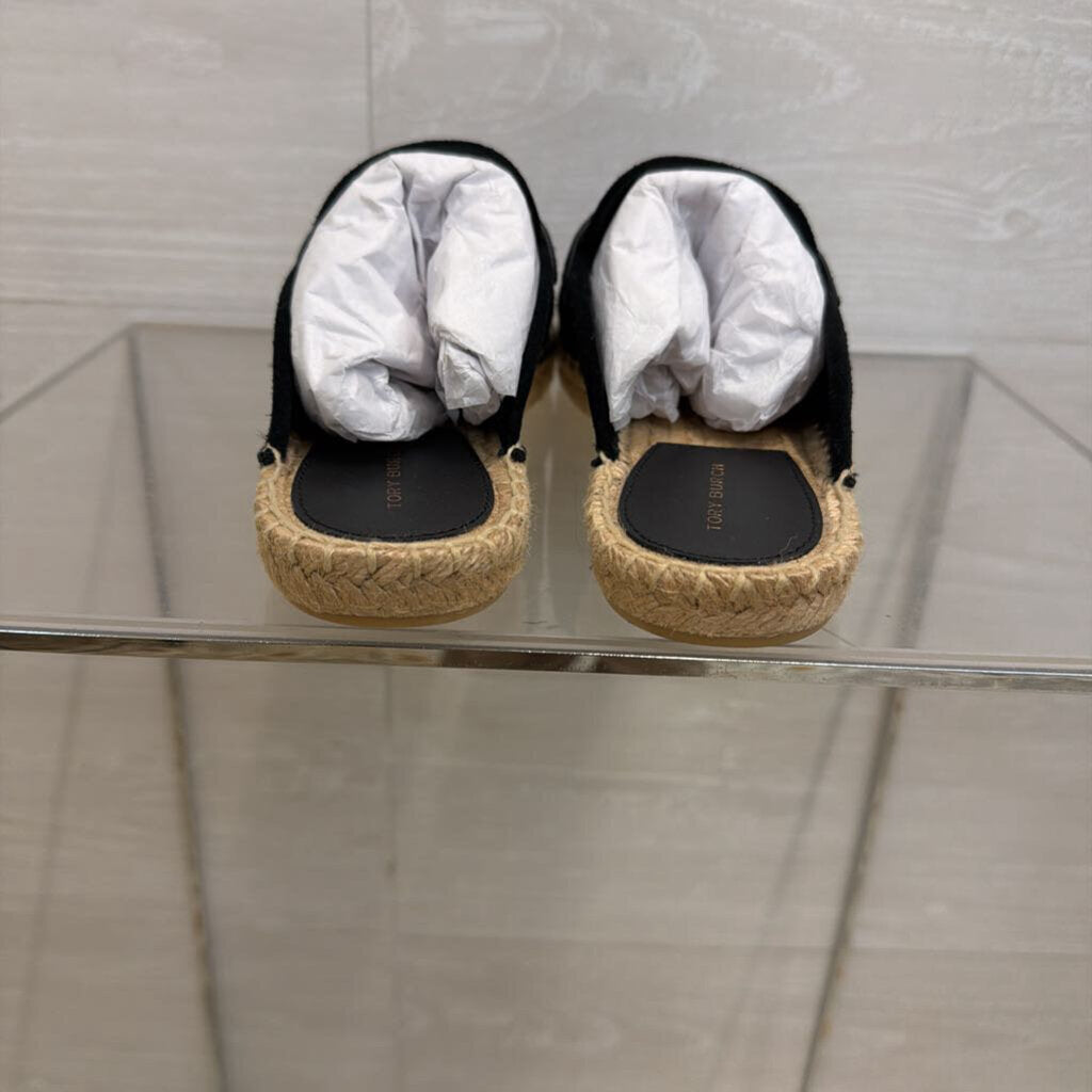 Tory Burch Black/ Natural Slip On Espadrille Loafer Mules 7.5