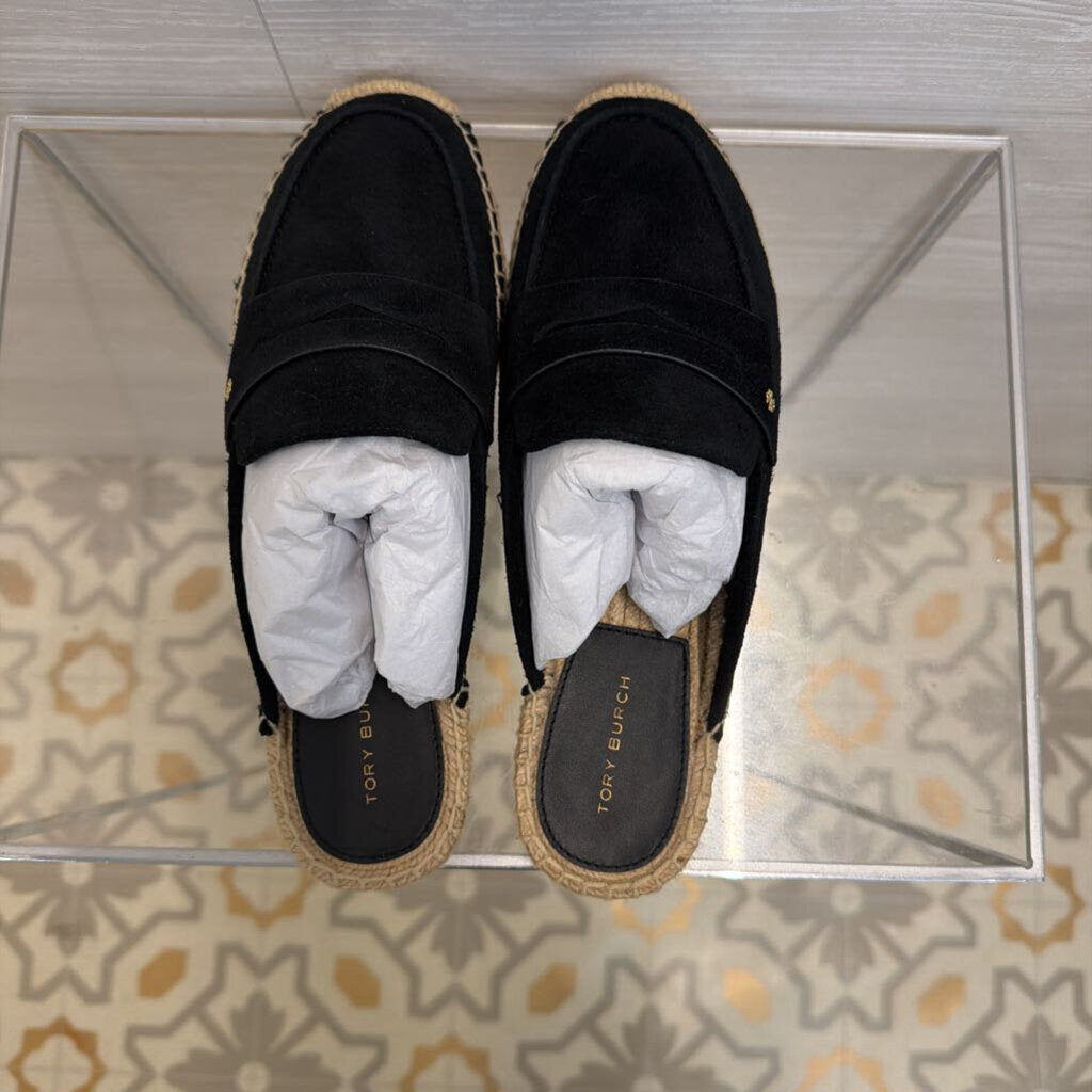 Tory Burch Black/ Natural Slip On Espadrille Loafer Mules 7.5