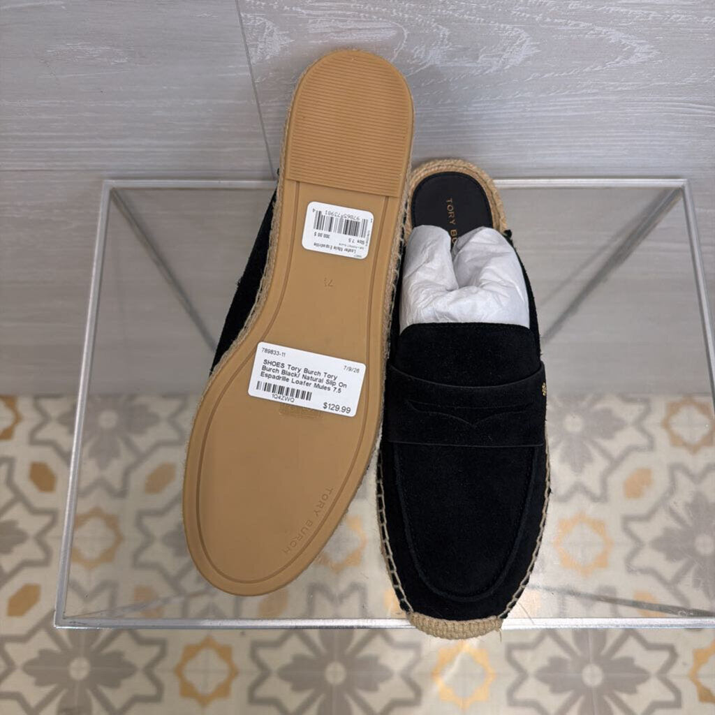 Tory Burch Black/ Natural Slip On Espadrille Loafer Mules 7.5