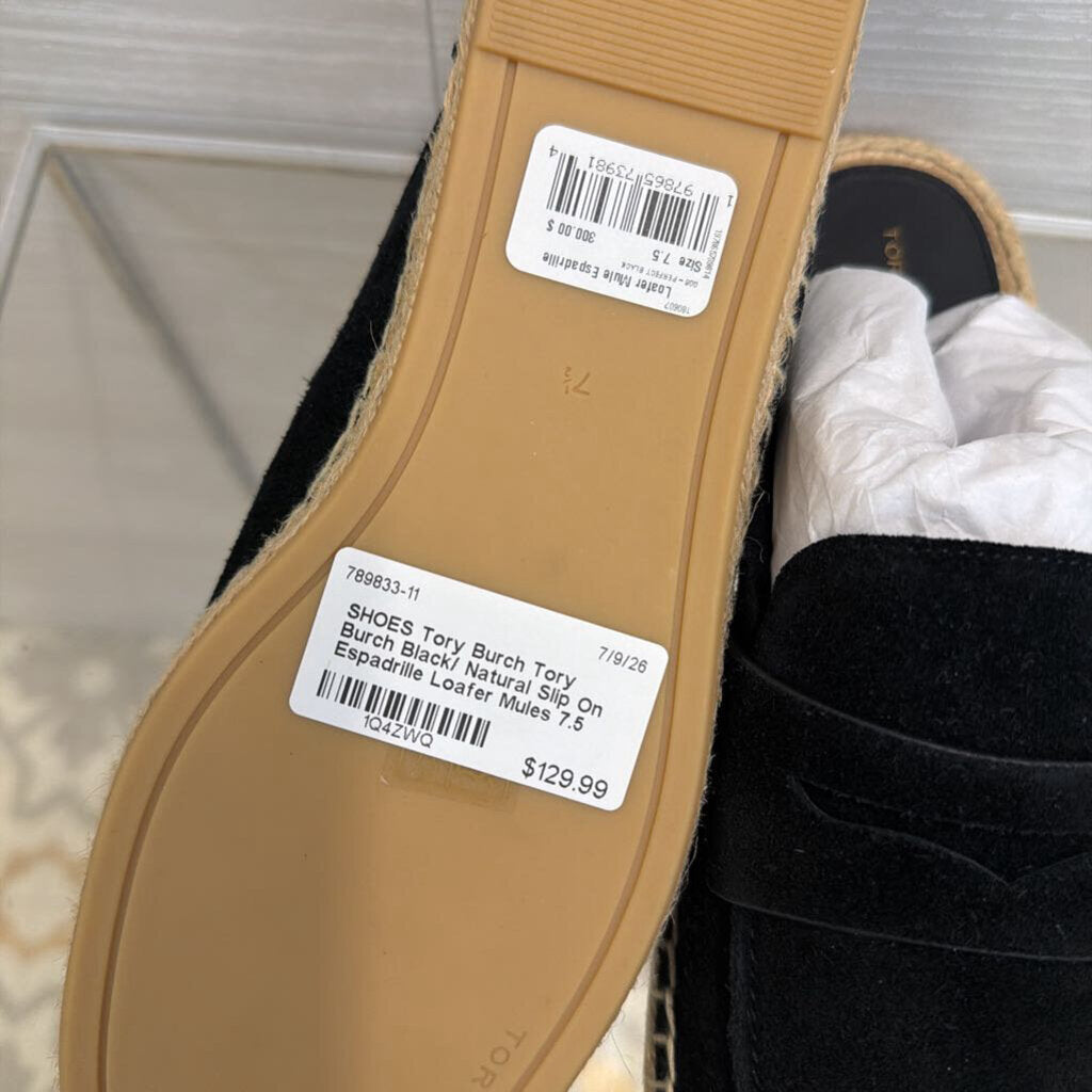 Tory Burch Black/ Natural Slip On Espadrille Loafer Mules 7.5