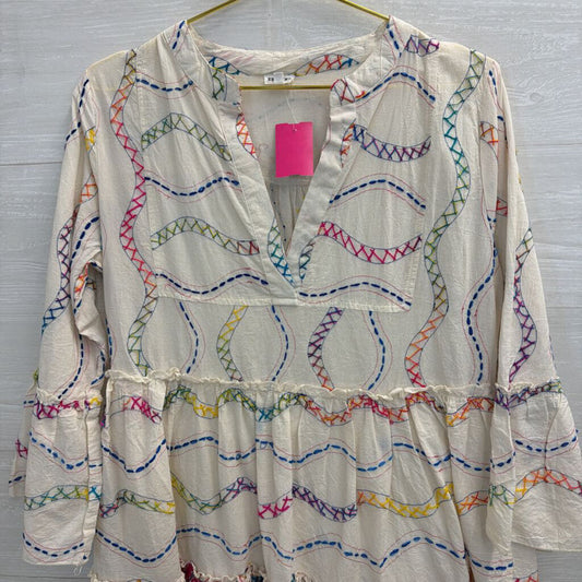 En Creme White/ Multi Embroidered Long Sleeve Dress Medium