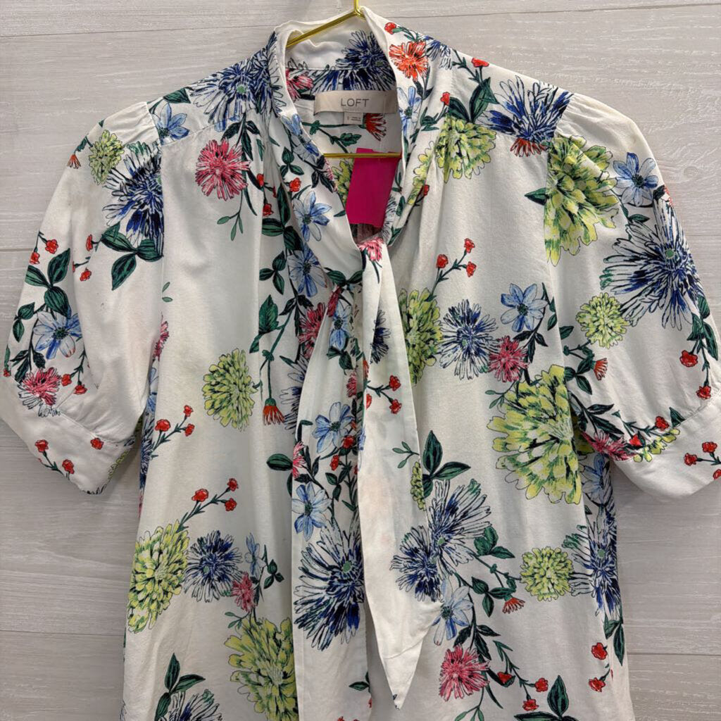 Loft White/ Multi Print Tie Neck Short Sleeve Top Small
