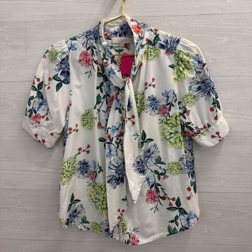 Loft White/ Multi Print Tie Neck Short Sleeve Top Small