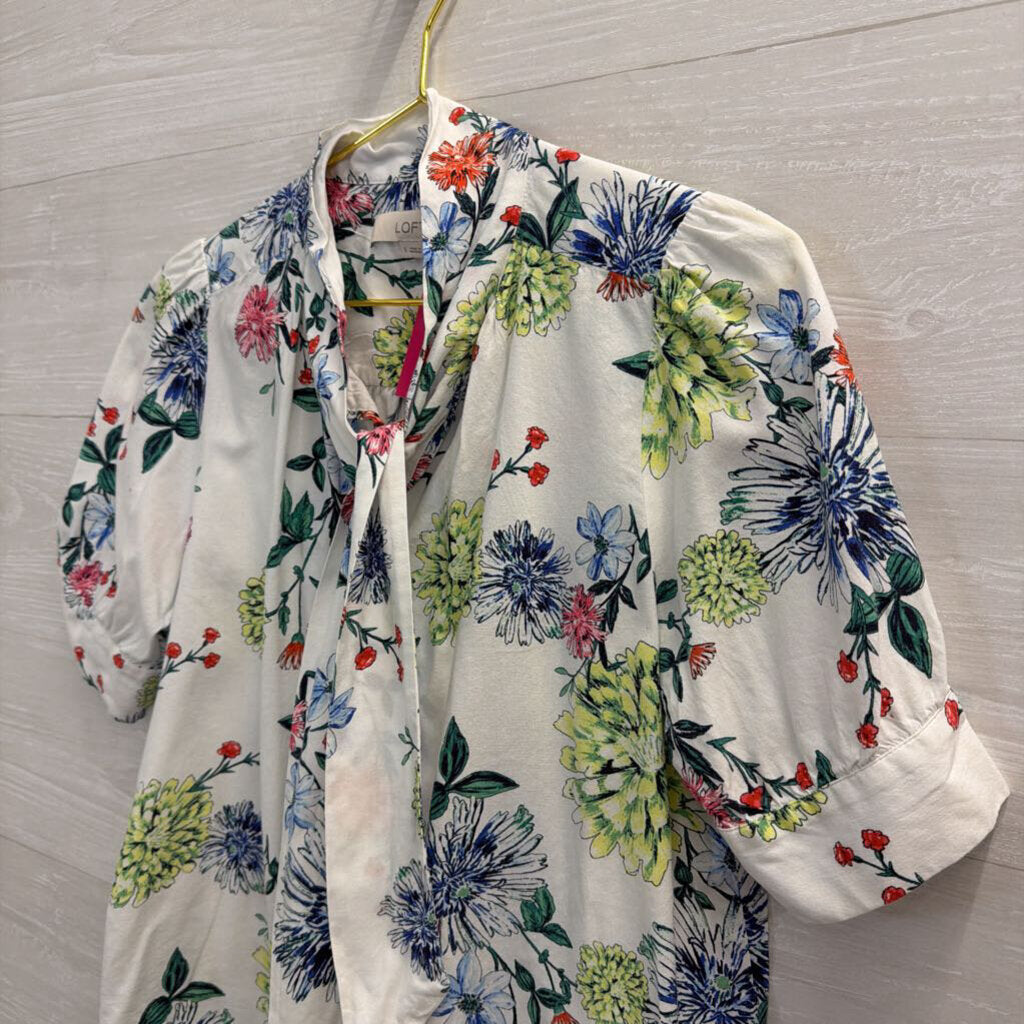 Loft White/ Multi Print Tie Neck Short Sleeve Top Small