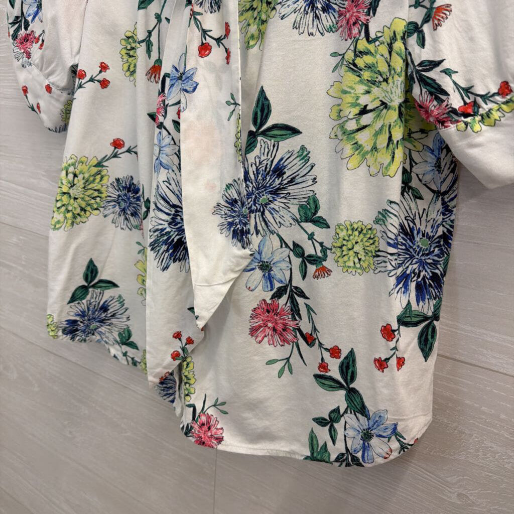 Loft White/ Multi Print Tie Neck Short Sleeve Top Small