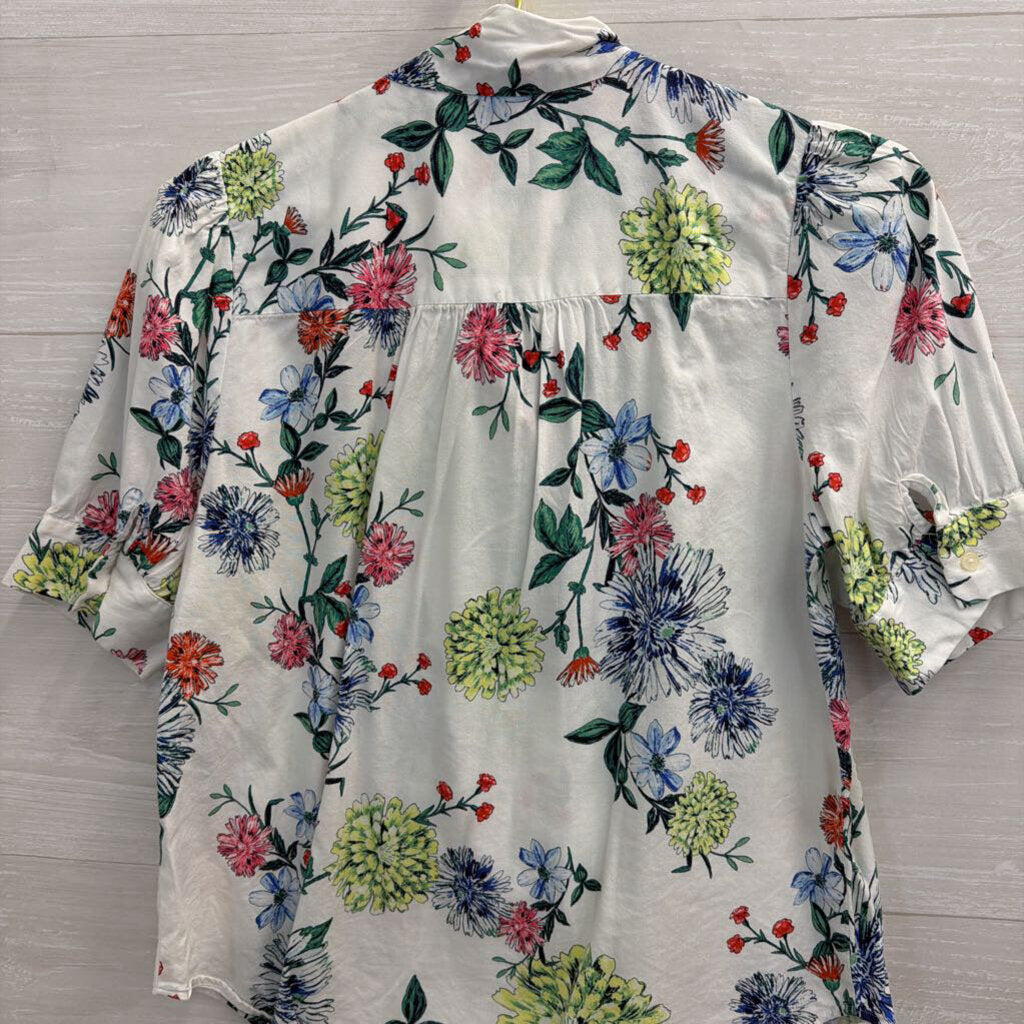Loft White/ Multi Print Tie Neck Short Sleeve Top Small