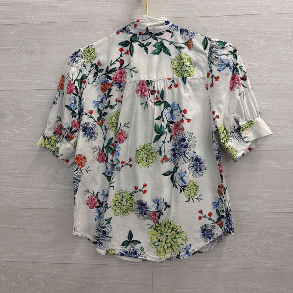 Loft White/ Multi Print Tie Neck Short Sleeve Top Small