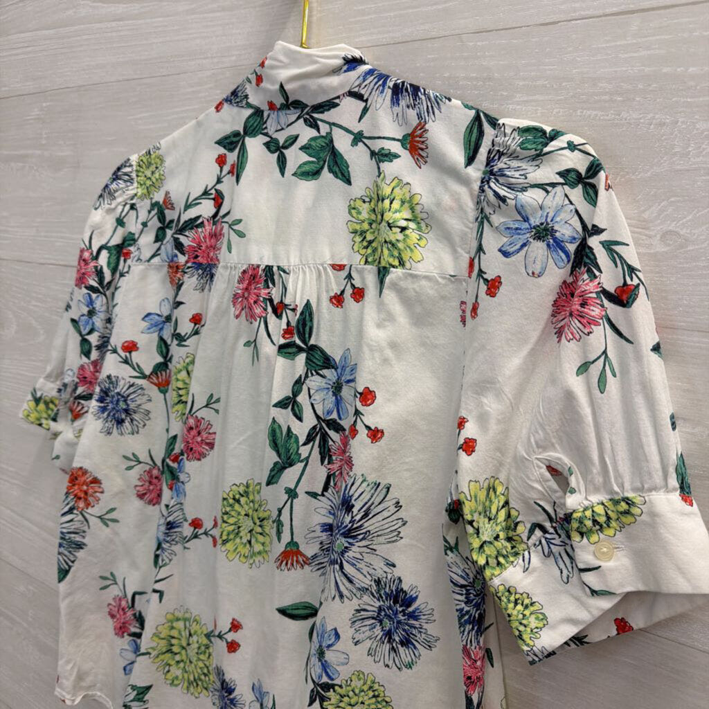 Loft White/ Multi Print Tie Neck Short Sleeve Top Small