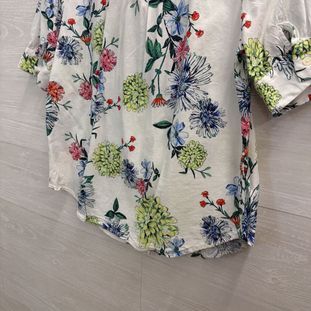 Loft White/ Multi Print Tie Neck Short Sleeve Top Small