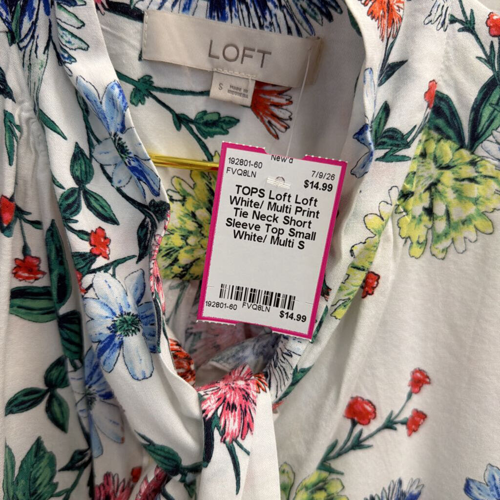 Loft White/ Multi Print Tie Neck Short Sleeve Top Small