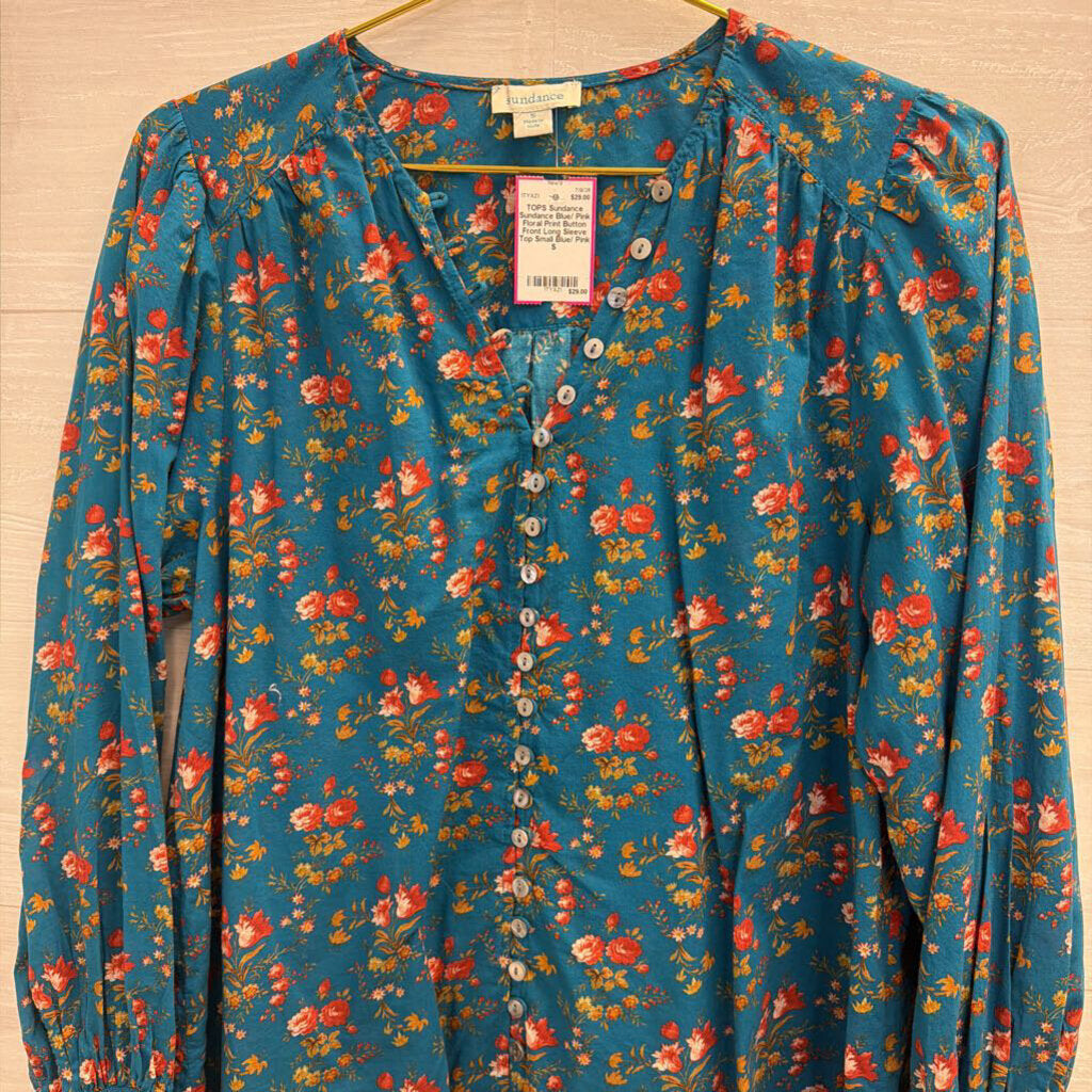 Sundance Blue/ Pink Floral Print Button Front Long Sleeve Top Small