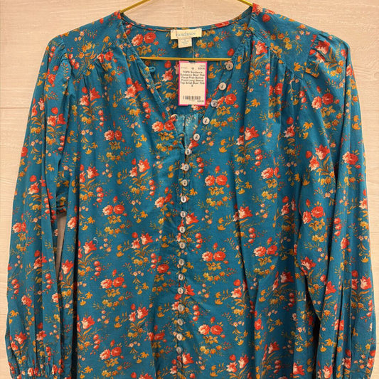 Sundance Blue/ Pink Floral Print Button Front Long Sleeve Top Small