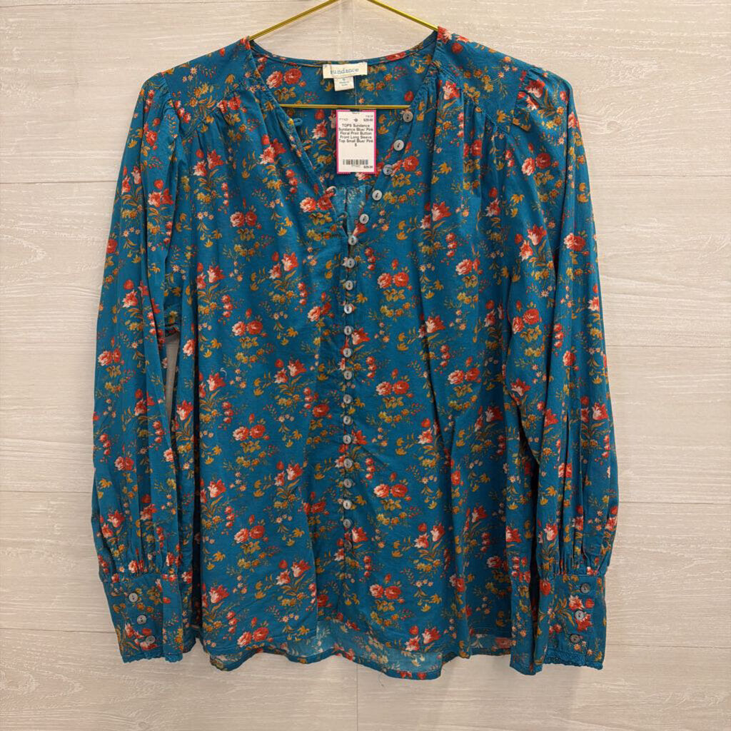 Sundance Blue/ Pink Floral Print Button Front Long Sleeve Top Small