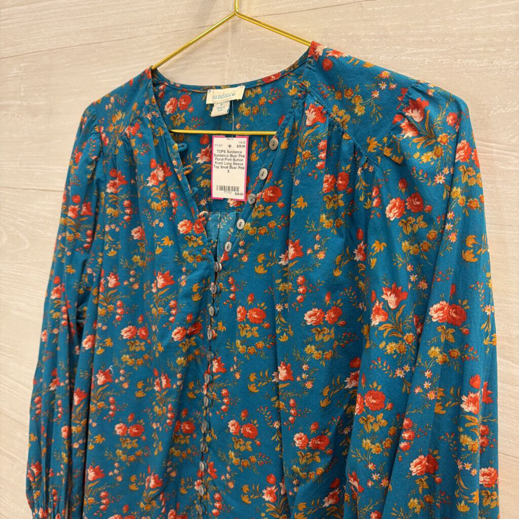 Sundance Blue/ Pink Floral Print Button Front Long Sleeve Top Small